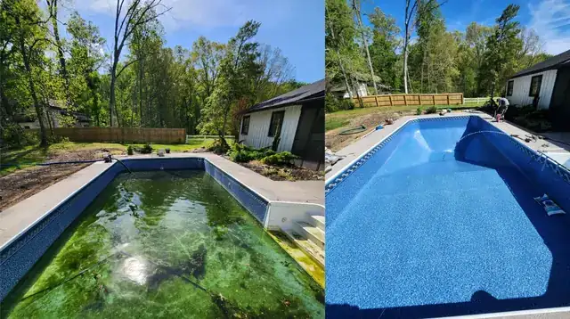 Before and after vinyl pool liner installation in Knoxville TN — green algae pool restored with new blue liner