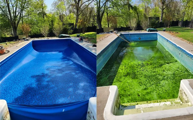 Before and after vinyl pool liner replacement in Maryville TN — algae-filled pool restored with new blue liner